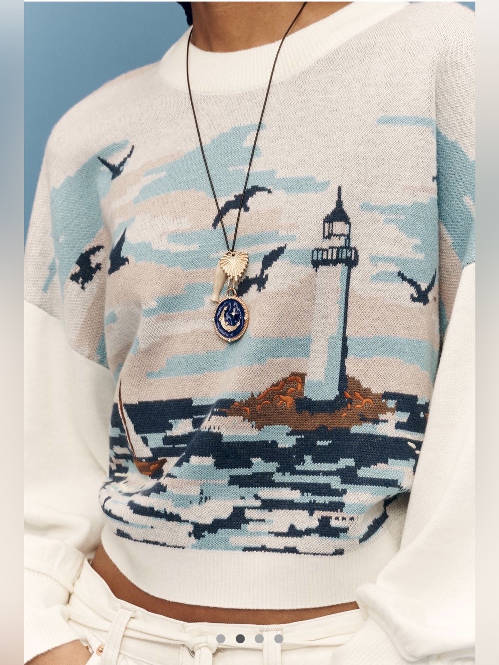NWOT Anthropologie Maeve Nautical Scene Coastal Lighthouse Cropped Sweater Sz M - Picture 2 of 7